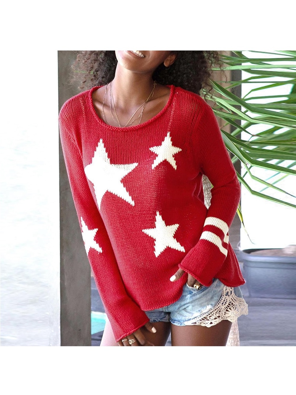 Wooden Ships | Red Knit Sweater with White Stars & Stripes, S/M